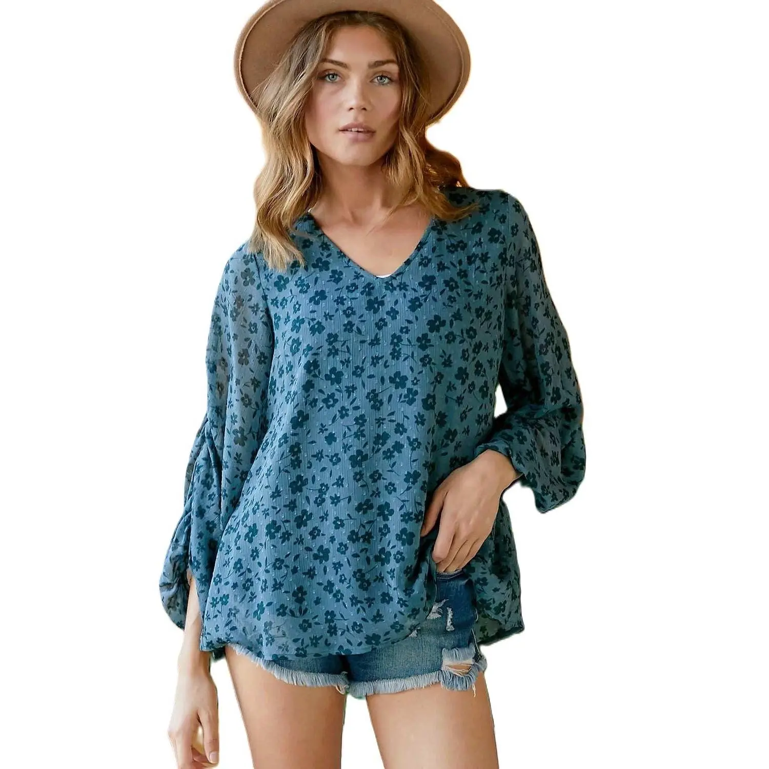Plus/Reg Teal FLORAL V-neck gathered sleeve Peasant top