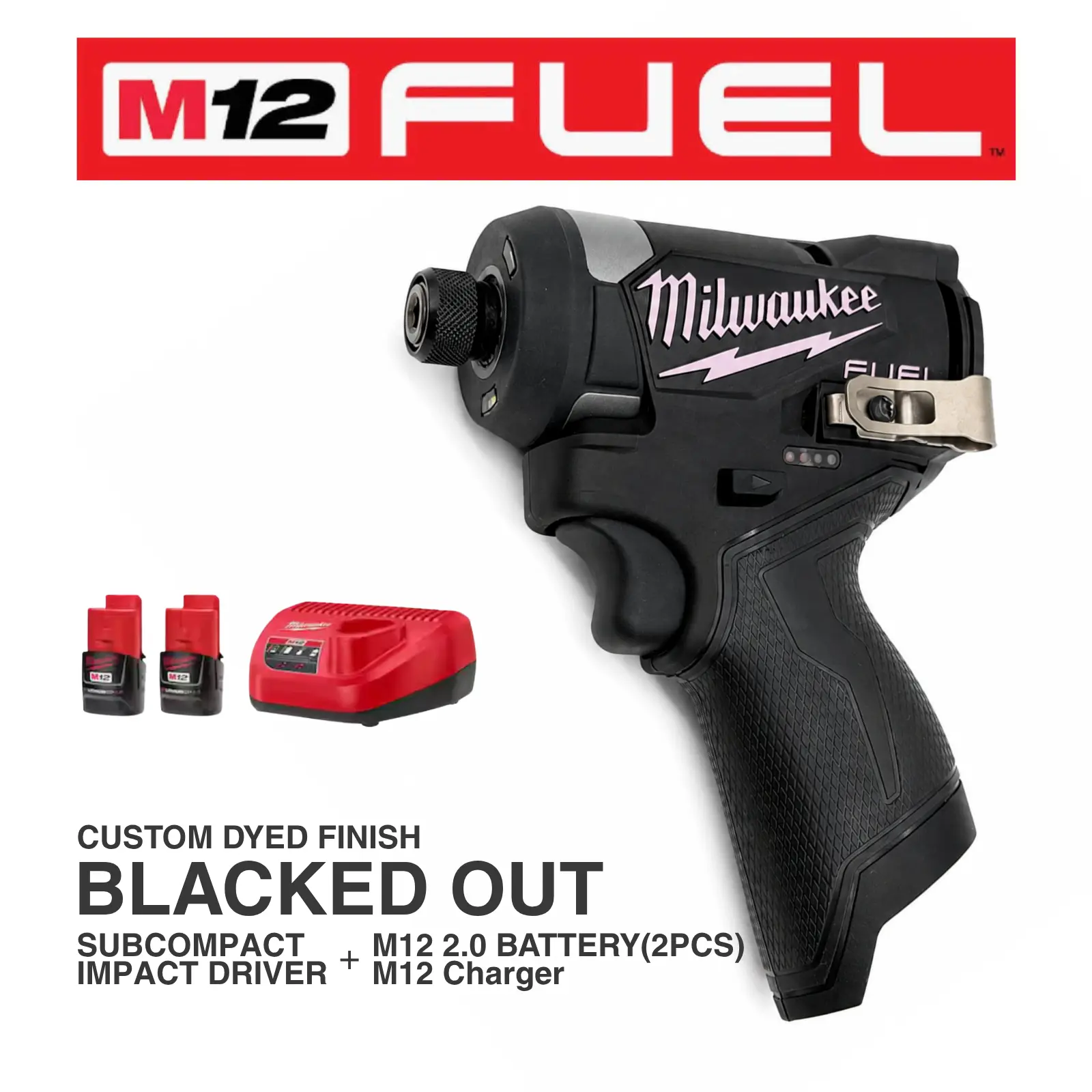 Custom Blacked Out Milwaukee Combo Kit M12 FUEL Hex Impact Driver 3453-20  | 2x CP2.0 Batteries + M12 Charger