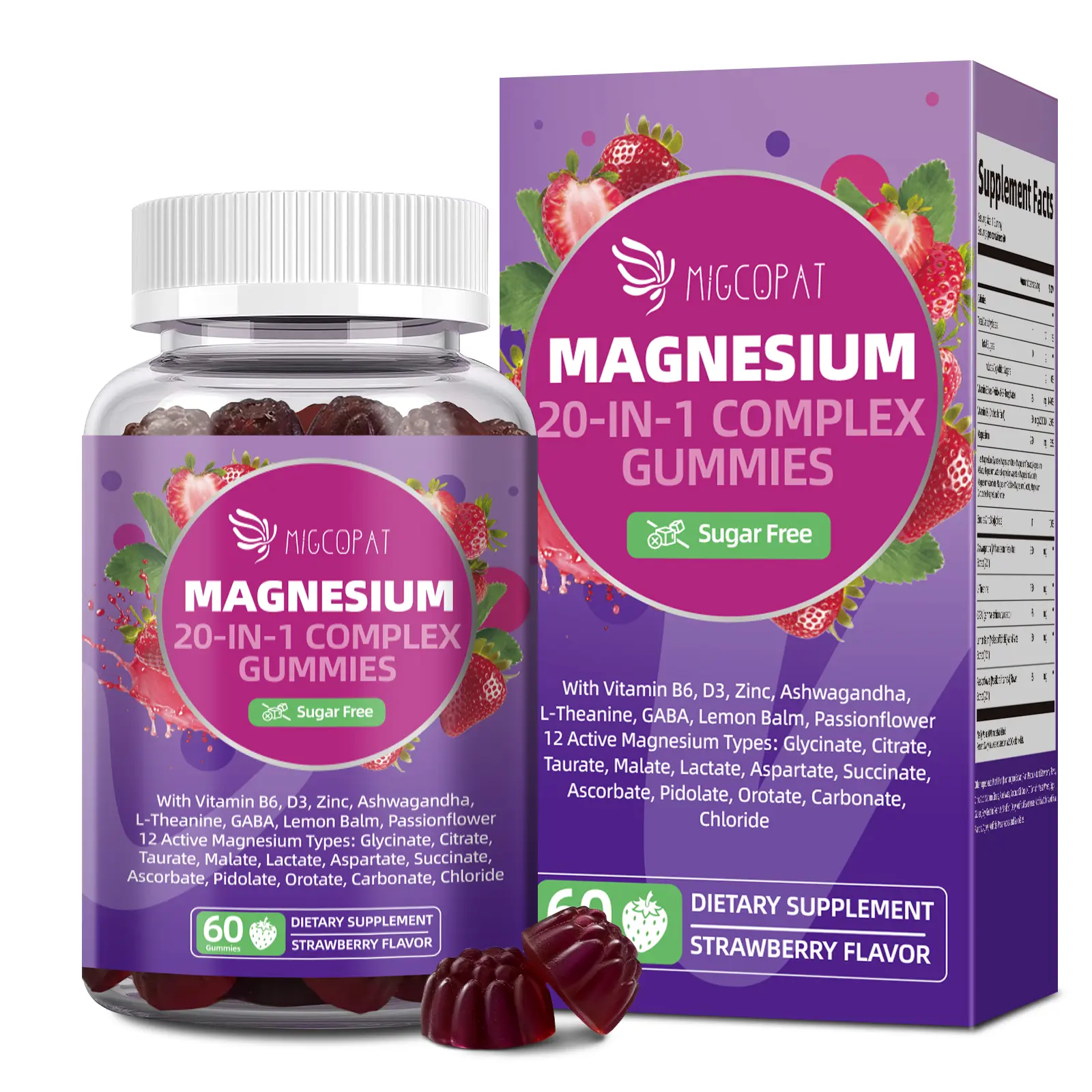 Migcopat Magnesium Complex Gummies 20-in-1 with Glycinate Citrate Malate Taurate Ashwagandha L-Theanine D3 Zinc for Relaxation Sleep Muscle Heart Support Strawberry Flavor 60 Cts #SummerVibes