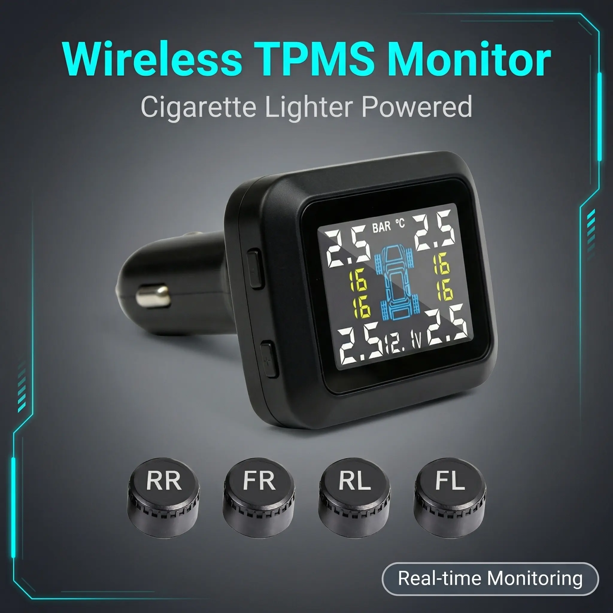 Plug & Play Cigarette Lighter TPMS Wireless Tire Pressure Monitor 4 External Sensors HD Color Screen Real Time Pressure Alarm for Car Truck