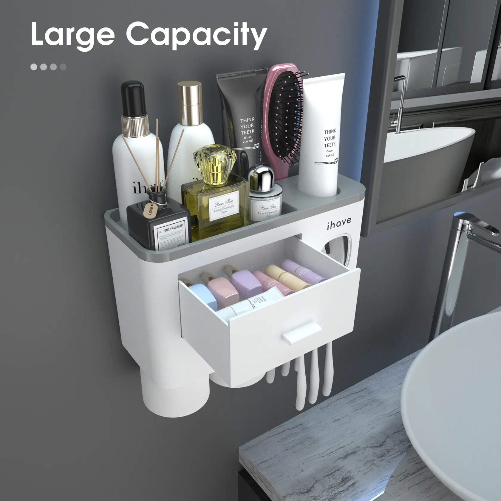 iHave Modern Wall-Mount Smart Covered Toothbrush Holder Set - Waterproof Bathroom Organizer, Automatic Toothpaste Dispenser, Magnetic Cups, Large-Capacity Storage Tray, Cosmetic Drawers, Easy Installation for New Homes