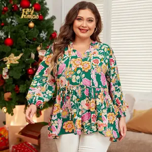 Green Floral Tied V Neck Long Sleeve Plus Size Babydoll Top