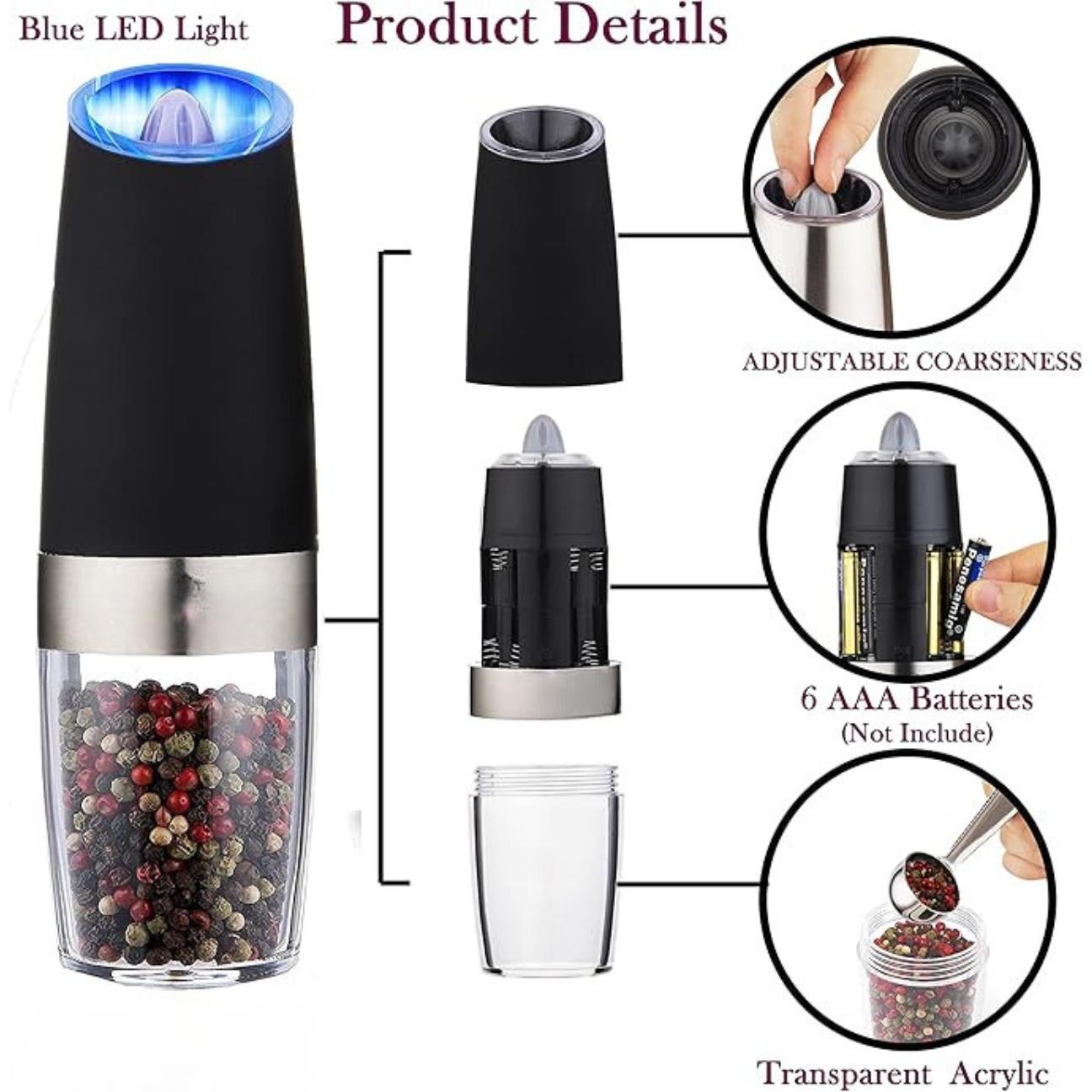 (2 Pack) Gravity Electric Salt and Pepper Grinder Set Battery Operated One Hand Automatic Operation, Adjustable Coarseness Mill Grinders Shakers LED Light, Kitchen Gadgets Stainless Utensils