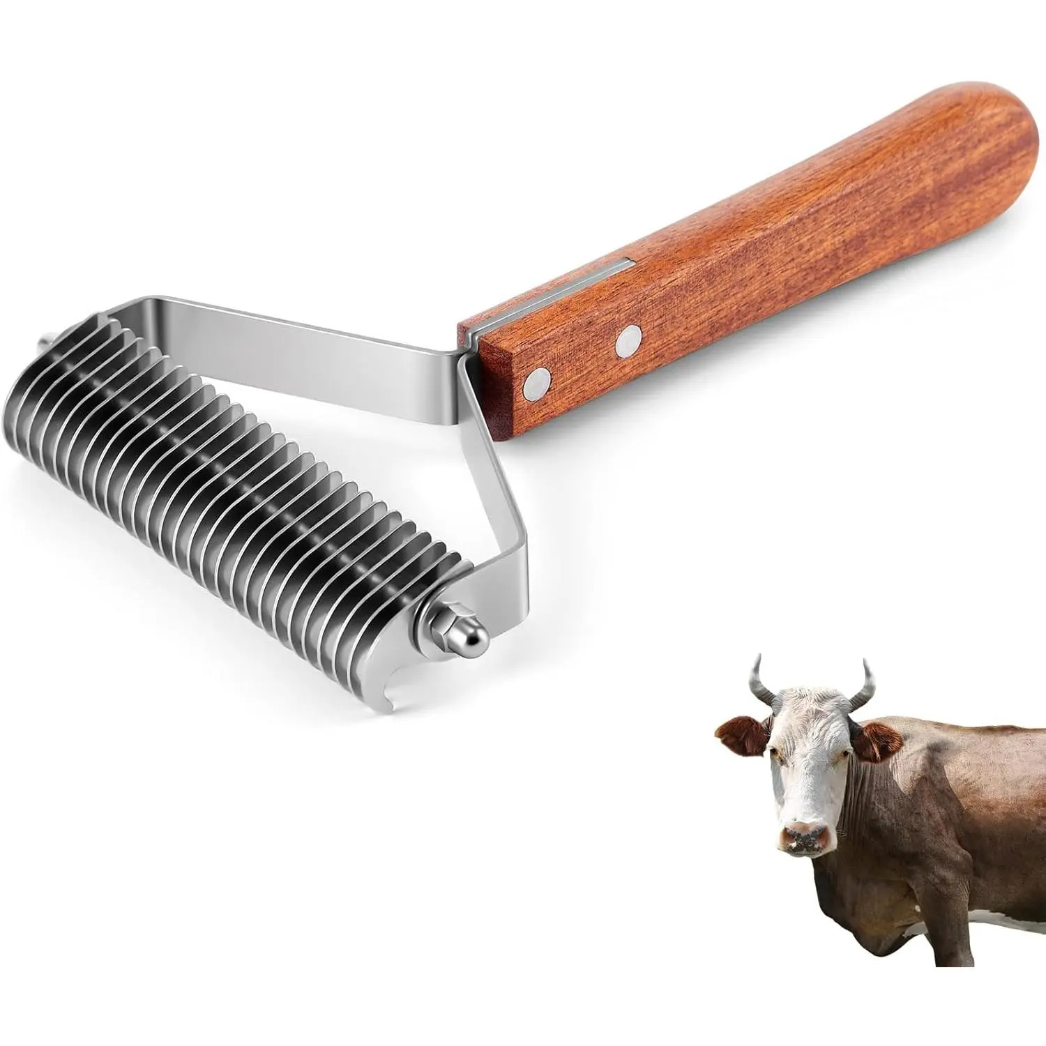 Abbylike Livestock Shedding Comb Grooming Dematting Brush Shedding Undercoat Rake for Cattle Horse Goat Cow Pets with 27 Stainless Steel Blades and Wood Handle