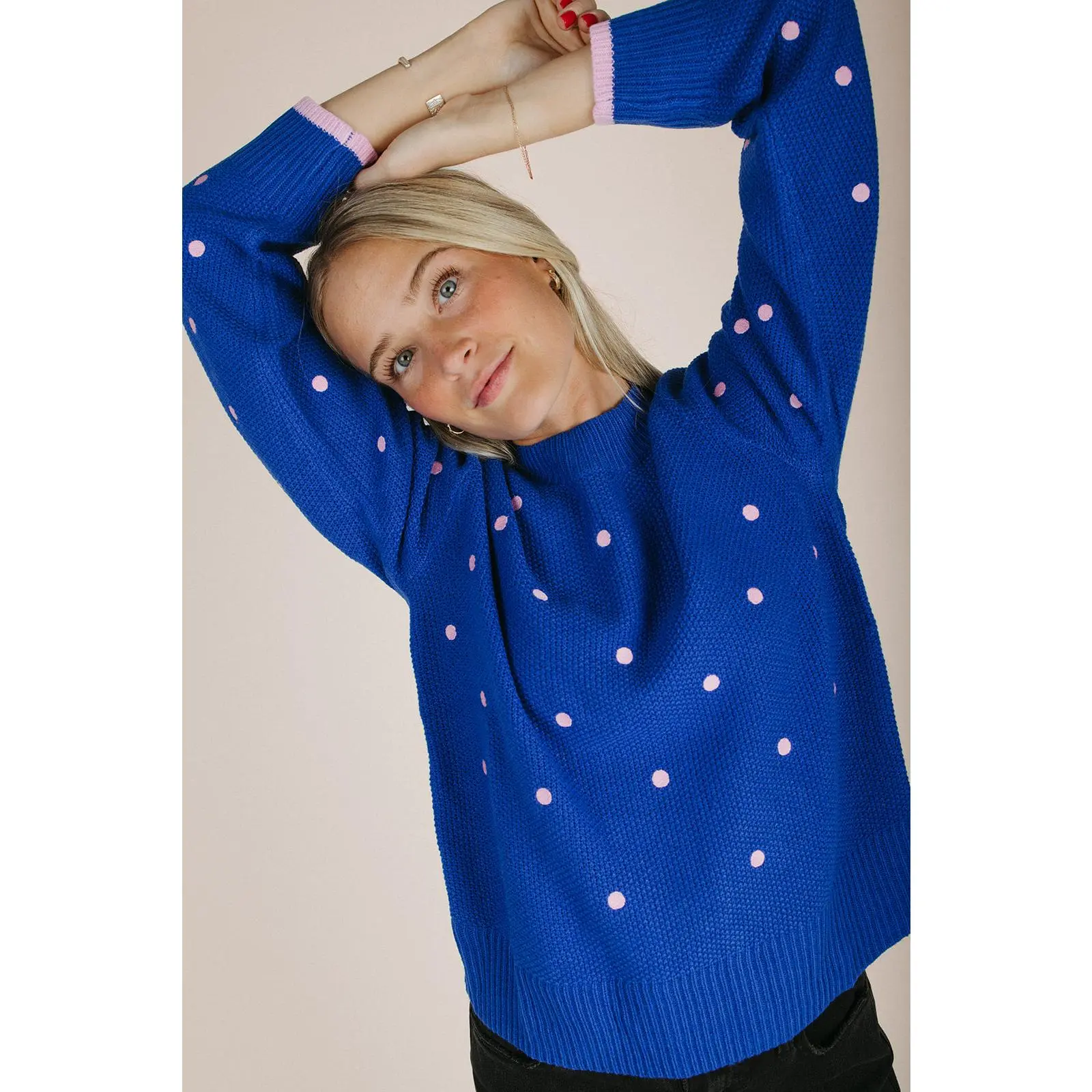 The Luxie Polka Dot Contrast Sweater in Cobalt