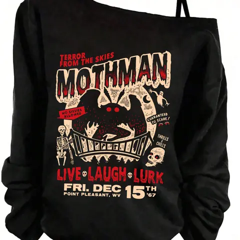 Women's Y2K "Mothman" Letter Print Asymmetrical Neckline Top, Adjustable Straps, Ideal for Indoor and Outdoor Wear, Halloween