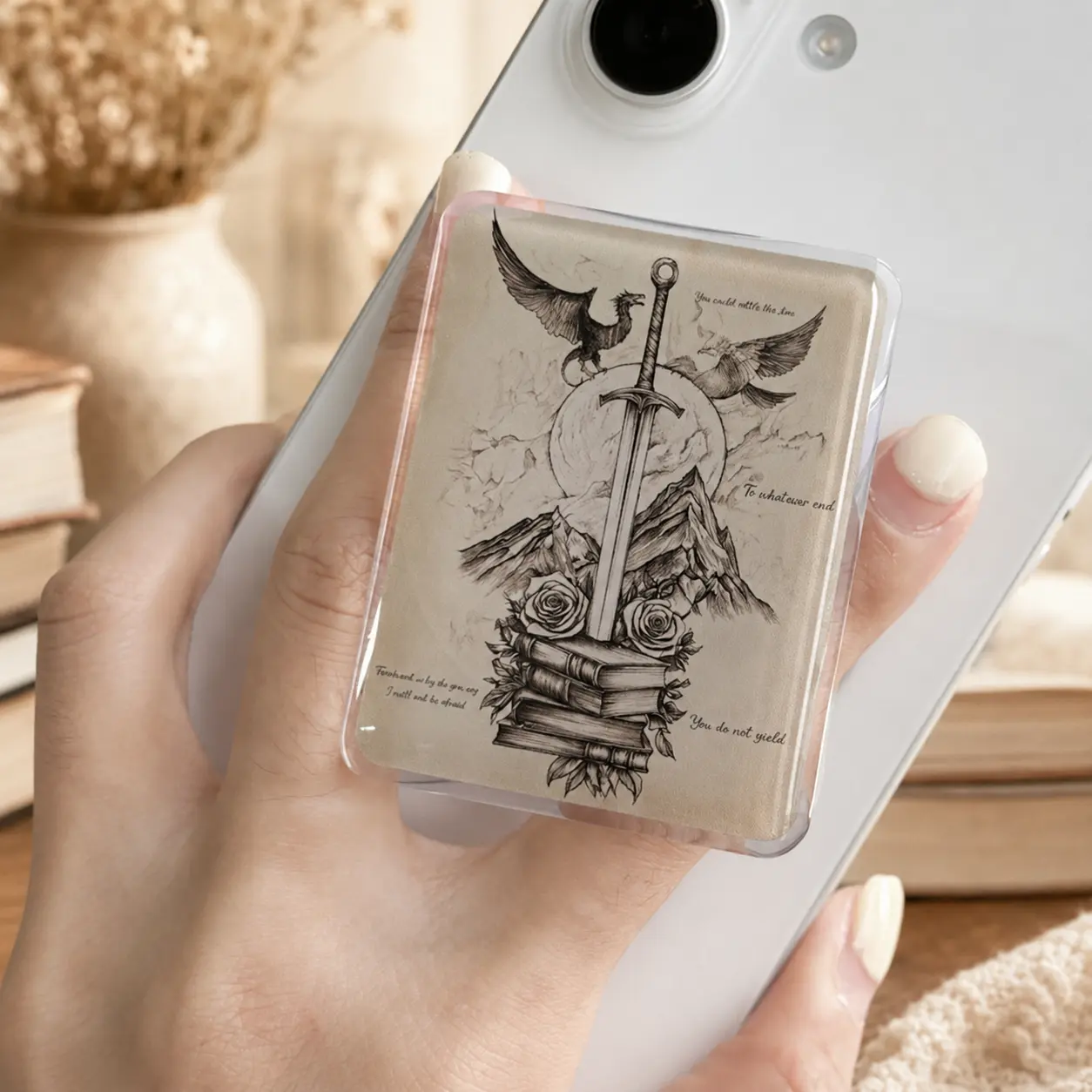 2D Acrylic Fantasy Sword and Book Phone Grip - Vintage Ink Sketch Theme Expandable Phone Stand Holder Anti-Drop Finger Grip