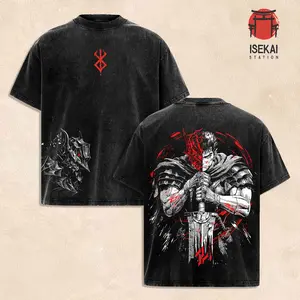 Berserk Guts Washed T-Shirt Vintage Anime Shirt, Dark Fantasy Manga Graphic Tee, Black Distressed Streetwear, Anime Oversized Shirt for Men Women, Gift for Berserk Fans