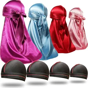 8PCS Polyester Silky Durags, Long-Tail Head Wraps with Moisture-Lock Feature, Wave Caps for 360 Wave Shaping