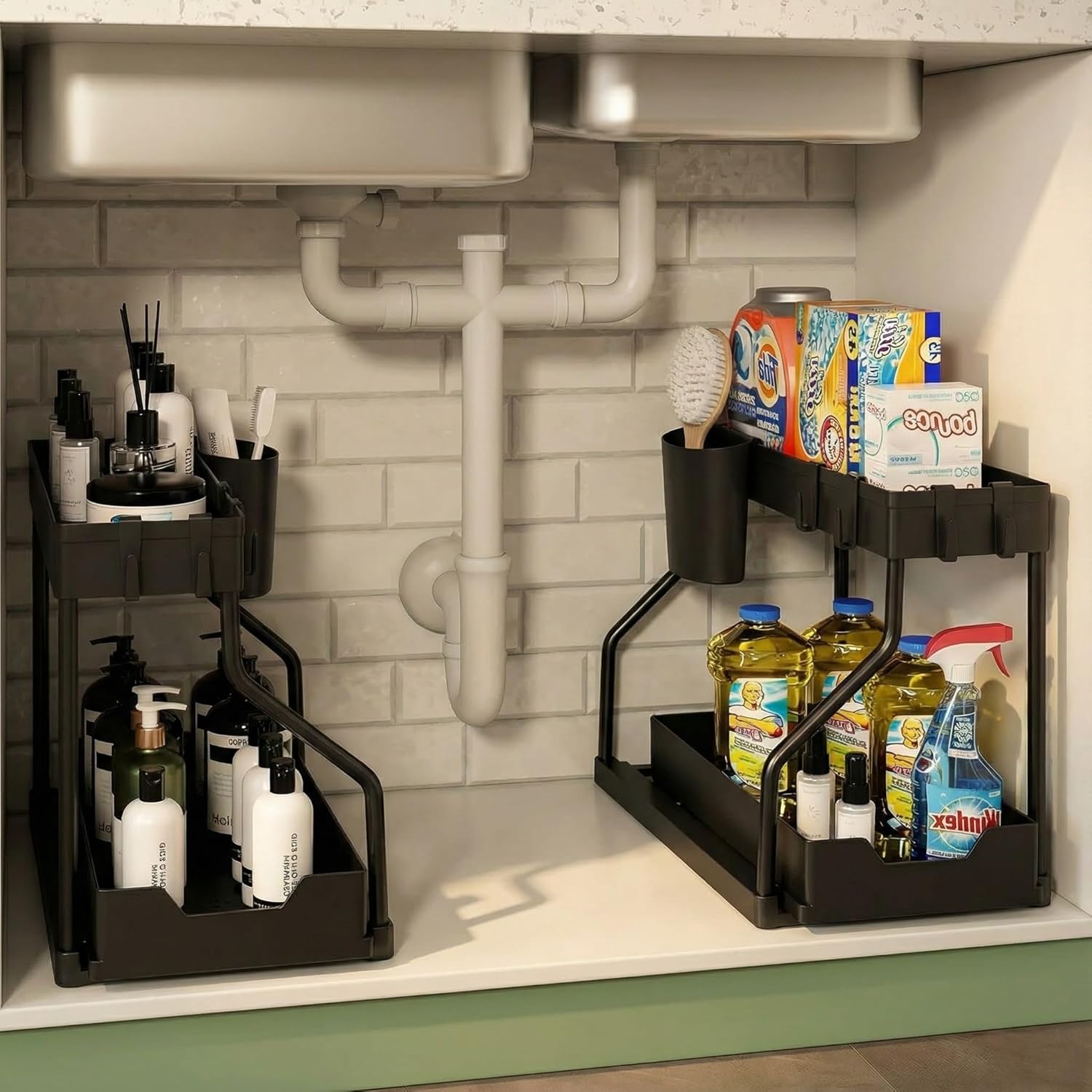 2-Tier Under Sink Organizer with Side Holder | Slide-out Kitchen Storage Rack with Hooks | Multi-use Carbon Steel Cabinet Organizer for Kitchen Bathroom #UnderSinkOrganizer #KitchenOrganization