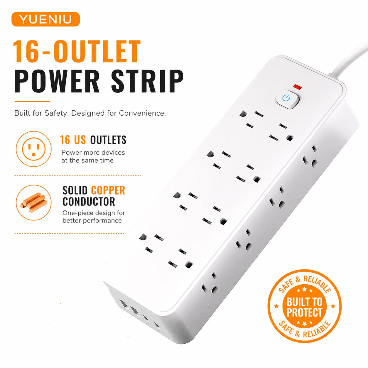 6.5FT 16 US Standard Outlets with 2 USB-A Ports & 2 PD USB-C Fast Charging Ports, Multi Outlet Extension Cord with Single On/Off Switch, Wall Mountable Charging Station for Home Office Dorm