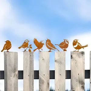 6-Piece Rusty Metal Garden Stakes, Bird Design, Rural Style Decor, Suitable for Pots and Outdoor Spaces, Elegant Gardening Accessories