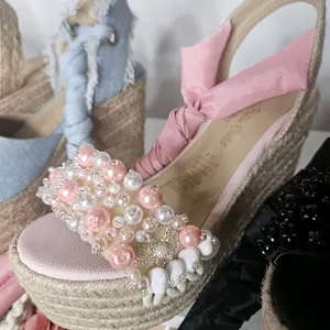 Elegant Pearl-Adorned Espadrille Sandals with Pink Bow and Straw Sole for Women