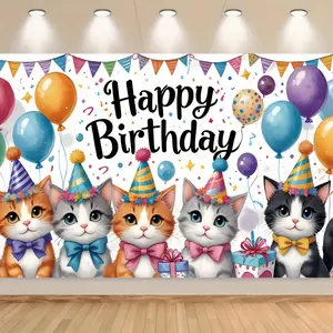Cartoon Cat Birthday Backdrop (1PC) - Cute Kittens, Balloons & Gifts Design, Two Sizes of Vinyl Wall Decor, Perfect for Photo Booth Backgrounds & Holiday (Christmas) Party Decor Banners Ornaments