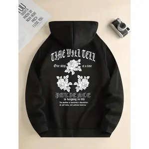 Stylish Black Floral Print Hoodie With Inspirational Lettering For Fall And Winter Fashion