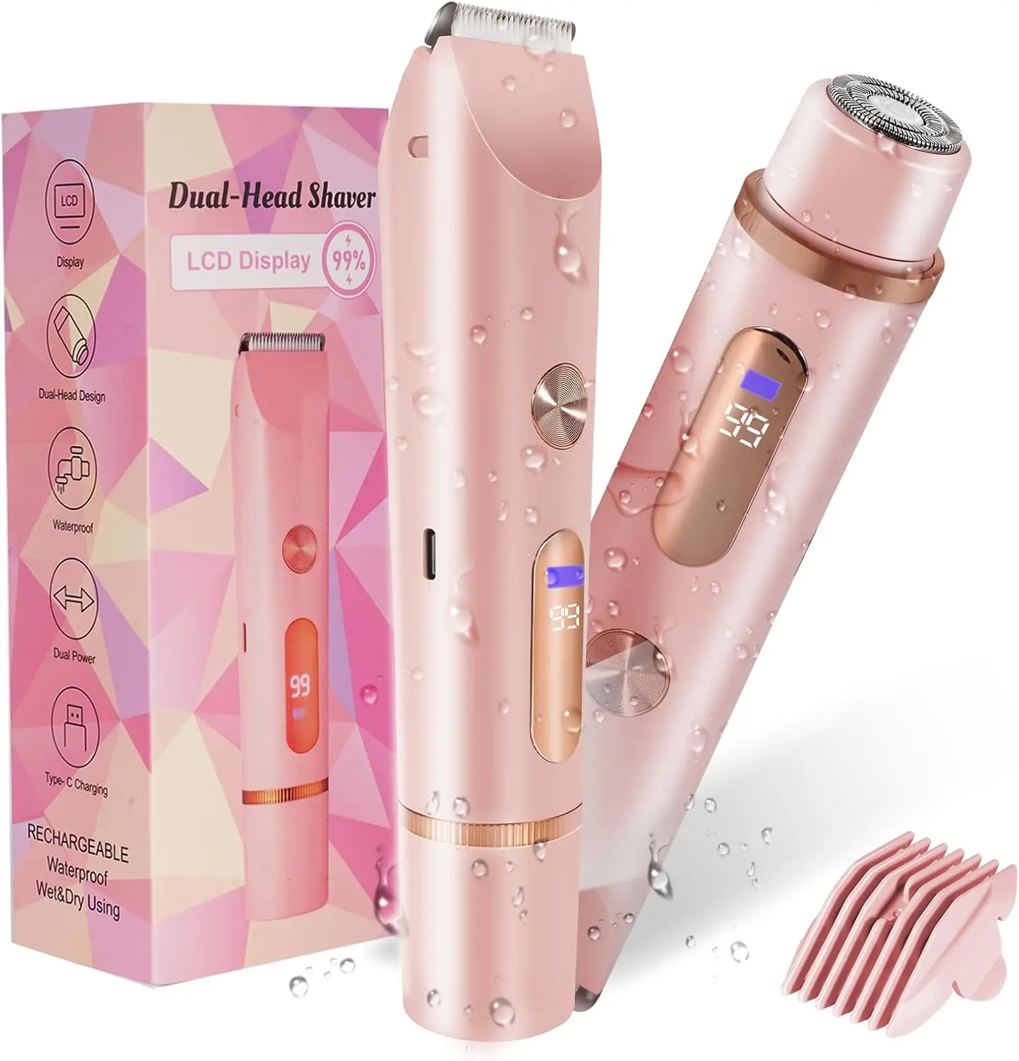 Bikini Trimmer for Women 2in1 High Power Epilators Hair Removal Waterproof Electric Razors Women's Electric Razor Pubic Hair Trimmer Shaver for Women for Ladies Pubic, Face, Underarms, Legs (Pink)