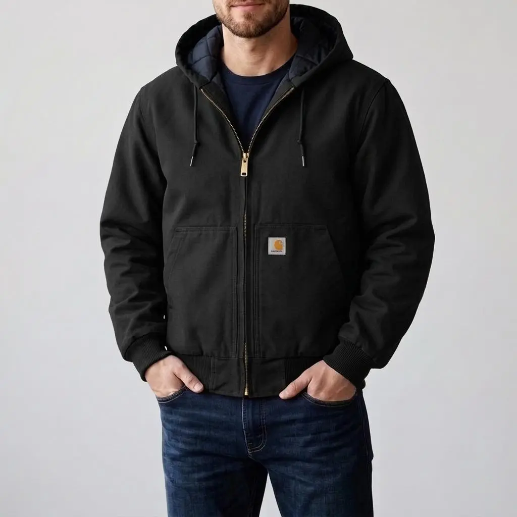 Carhartt J130 Men Washed Canvas Heavy Quilted Hooded Work Jacket, Insulated Rugged Outerwear for Work Outdoor Daily Wear