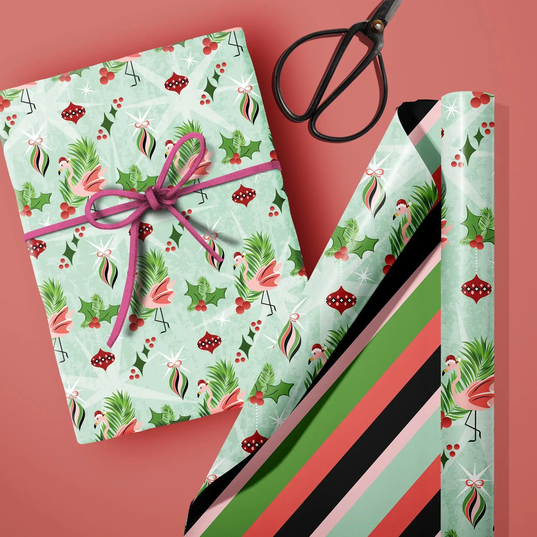 Flamingo Ornament Double Sided Retro Holiday Gift Wrap Craft Sheet