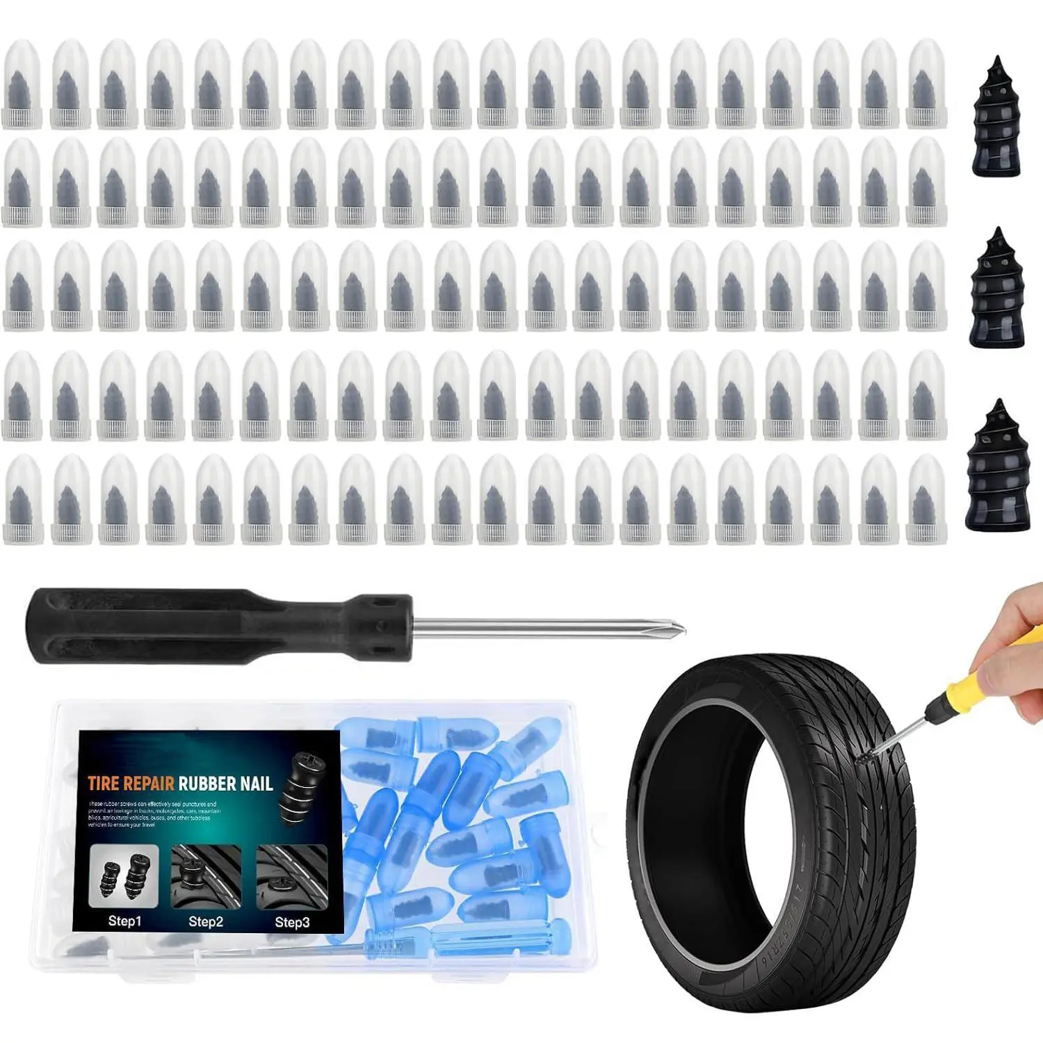100pcs Tire Screw Plug Repair Kit, 2 Sizes of Repair Rubber Nail for Car Motorcycle Truck Tire Puncture Repair Hardware Tools Tire Patch Car Tire Inflator