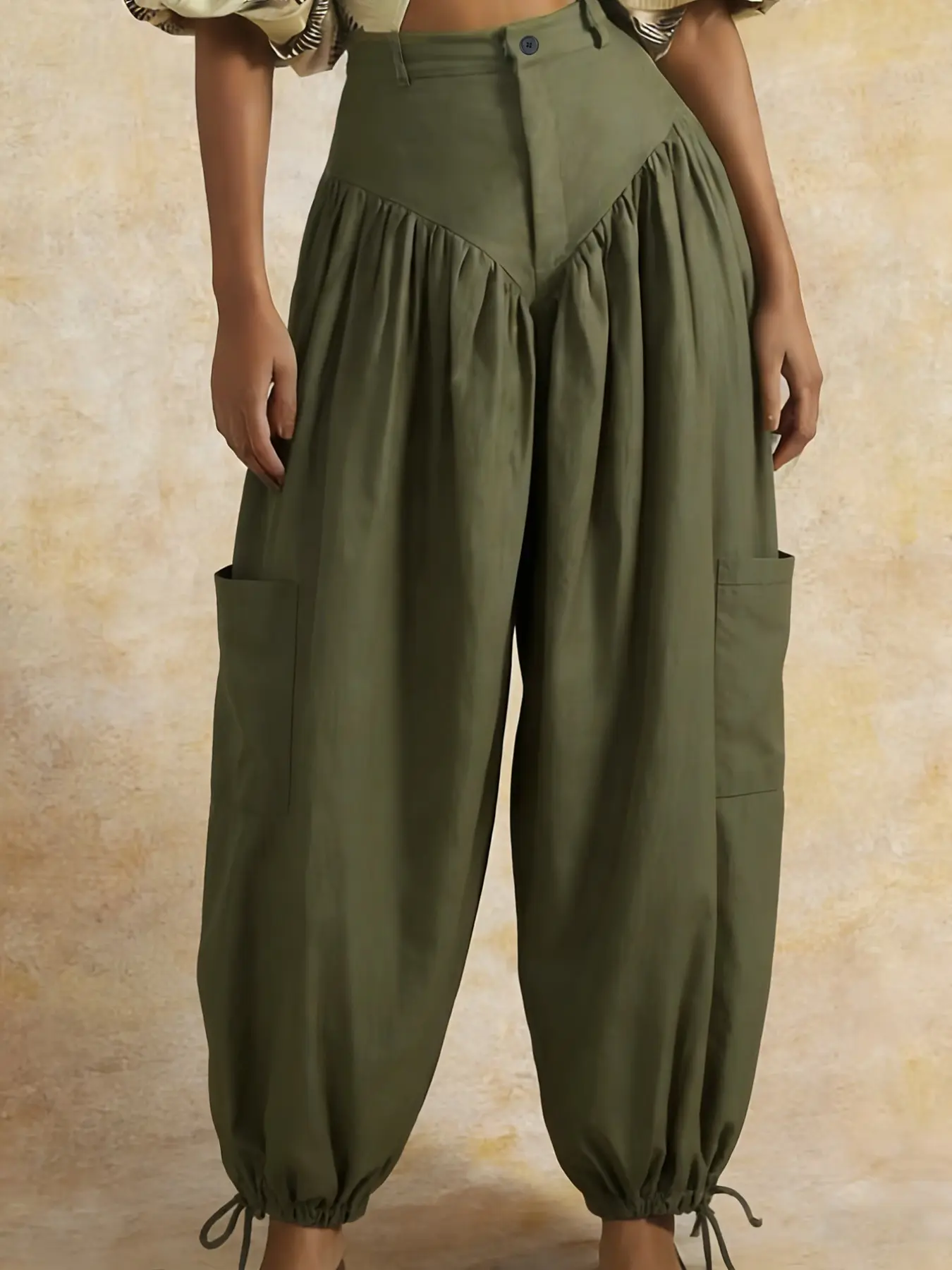 Vintage Olive High-Waisted Wide-Leg Harem Women Pants, Loose-Fitting Mid Waist Cargo Pants, Casual Lantern Pants, All-Season Casual Plain Style Womenswear