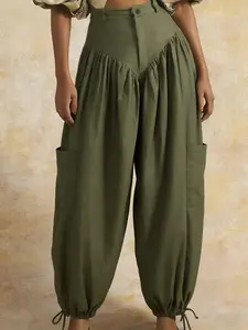 Vintage Olive High-Waisted Wide-Leg Harem Women Pants, Loose-Fitting Mid Waist Cargo Pants, All-Season Casual Plain Style Womenswear