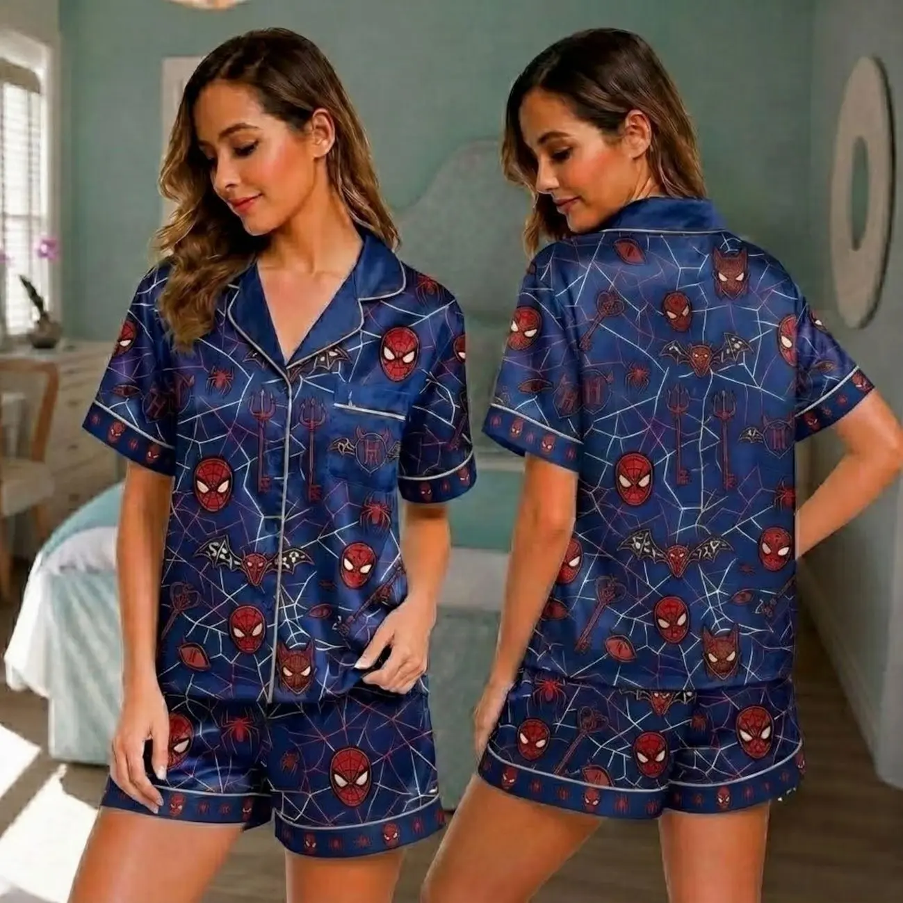 Urban Web Graphic Pajama Set, Comic Inspired Short Sleeve Sleepwear, Cute Women’s Lounge Set, Gift for Comic Fans