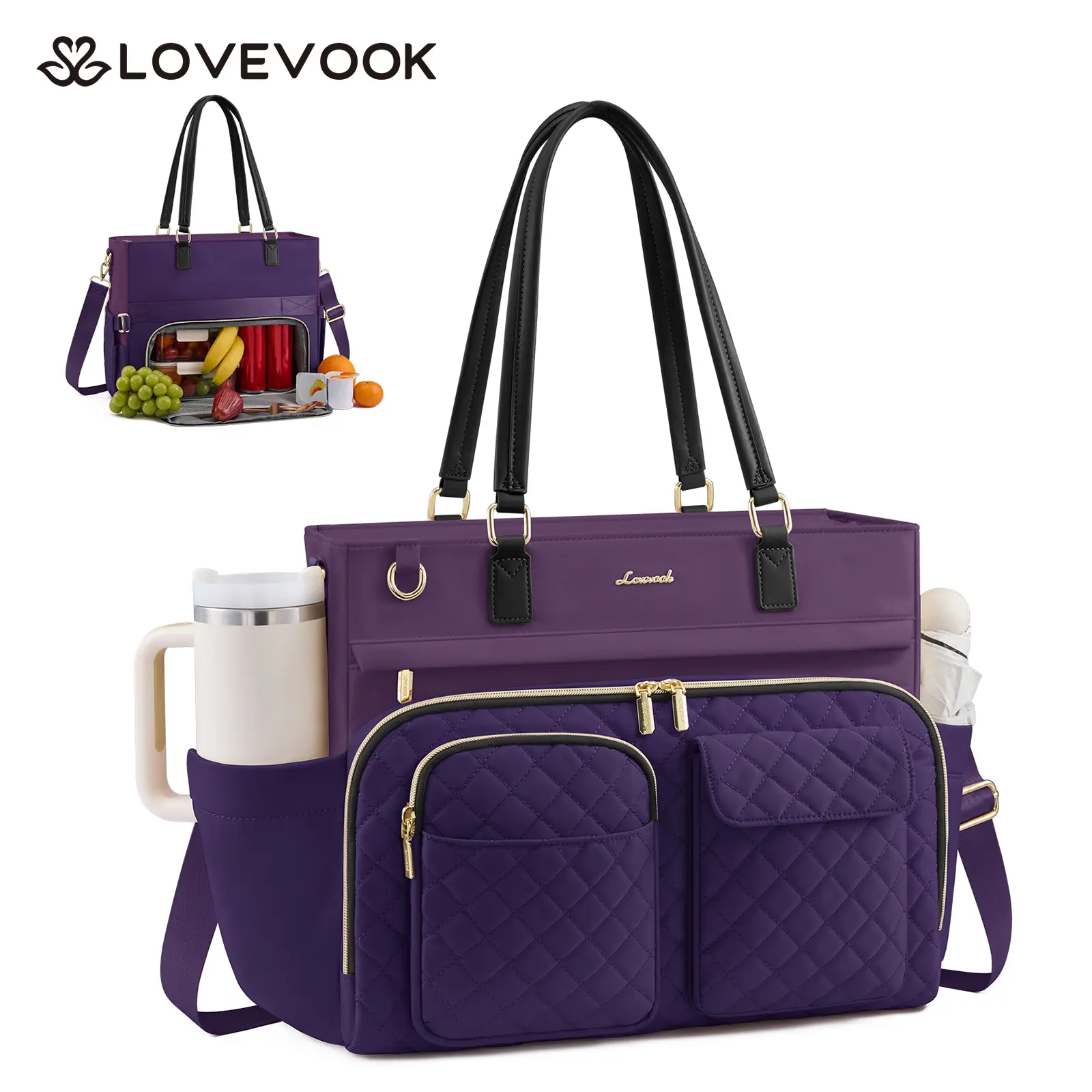LOVEVOOK Lunch Tote Bag for Women, Work Bags with Insulated Lunch Compartment, 15.6 Inch Laptop Bag with Large Cup Holder, Teacher Nurse Tote Handbag with Multi Pockets for College, Office, Travel