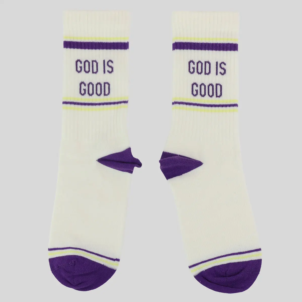 Athletic Crew Socks for Women & Men, Cotton-Blend with Faith-Based 'God Is Good' Design in White/Purple, Durable Stretch for Outdoor Activities, Activewear, Ribbed, Crew Socks Women, Knit, Sportswear, Casual, Breathable, Bold Print, Faith Quote, Machine W