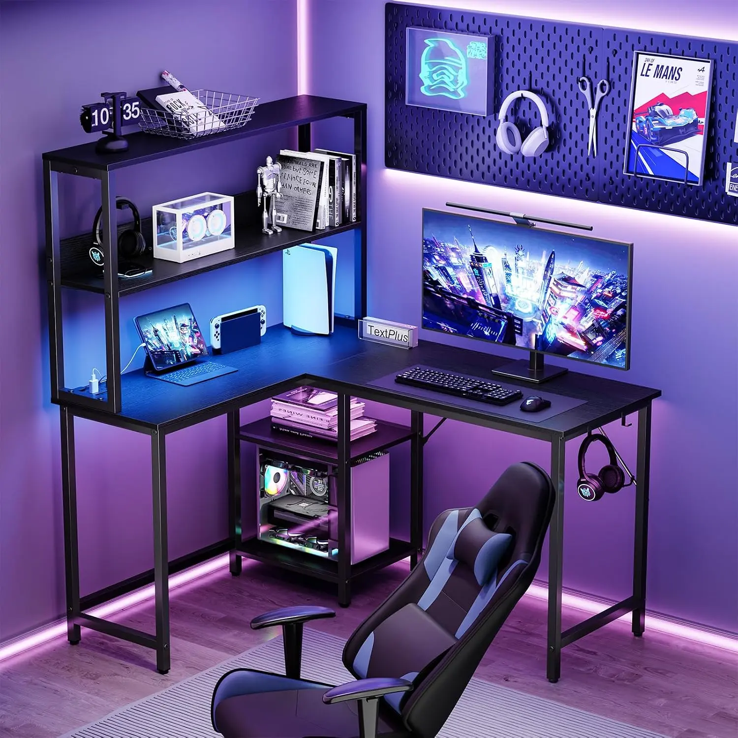 L-Shaped RGB Gaming Desk with Power Outlet – 43/53 Inch Reversible Corner Desk with LED Lights, Monitor Stand & CPU Holder for Gamers