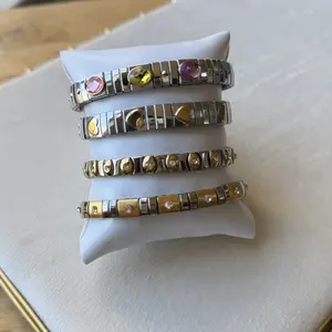 Gold + Silver with Colorful Rhinestones Stainless Steel Stretchy Bracelets Parfect to Stack