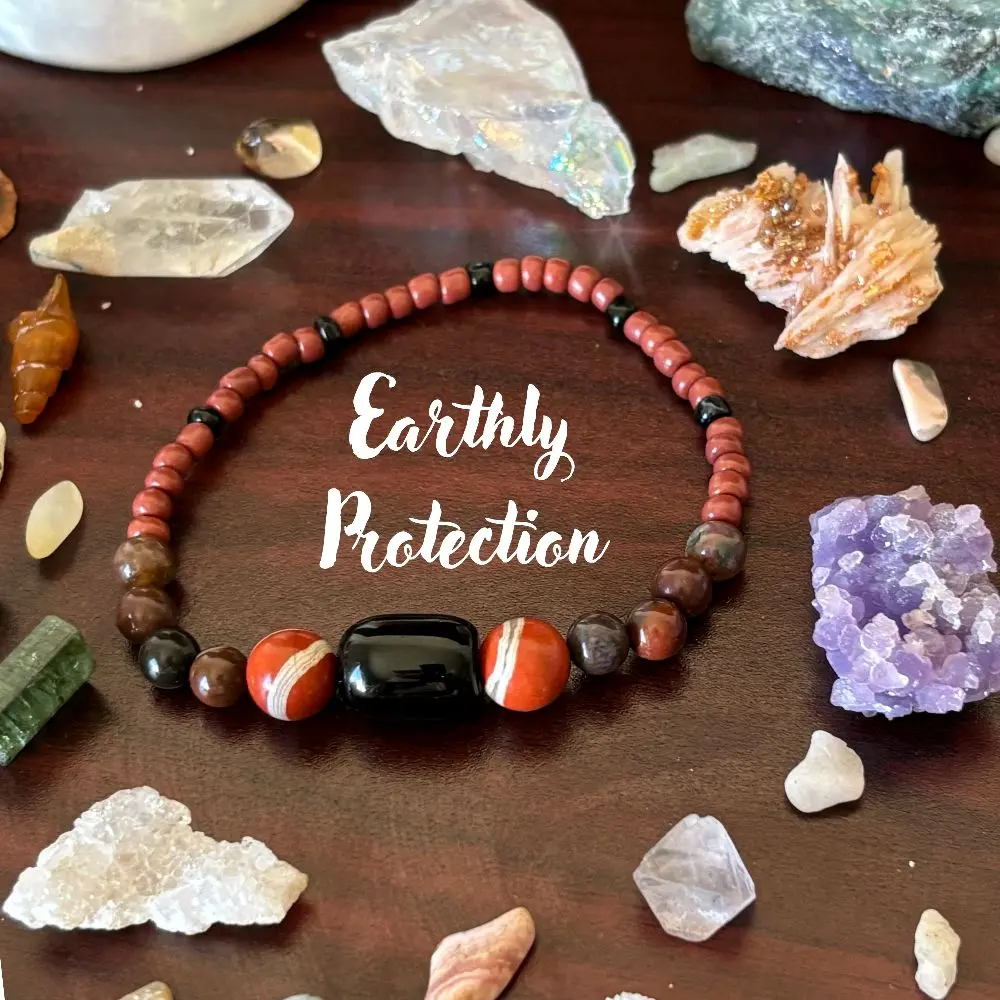 Obsidian and Red Jasper Crystal Healing Stretch Bracelet for Earthly Protection