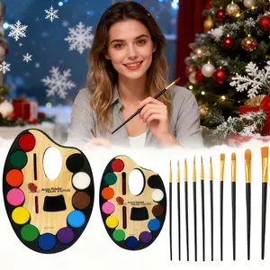 Christmas Solid Watercolor Powder Palette, 12 Basic Colors, Easy to Apply and Clean, Oval Tray with Brushes, DIY School Projects