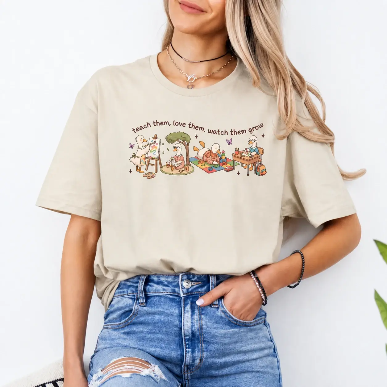 Elementary Teacher Shirt Teach Them Love Them Watch Them Grow T-Shirt for Teachers Back to School Classroom Quote Cute Goose Art Teacher Gift Tee