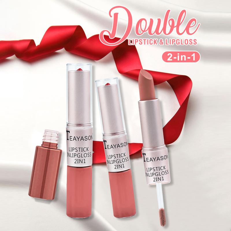 2 in 1 Velvet Matte Lipstick & Lip Gloss SetDouble Head Design Finish Non-Stick Cup NotFade Nude Color Lipgloss Stain Makeup LongLasting Waterproof Gloss