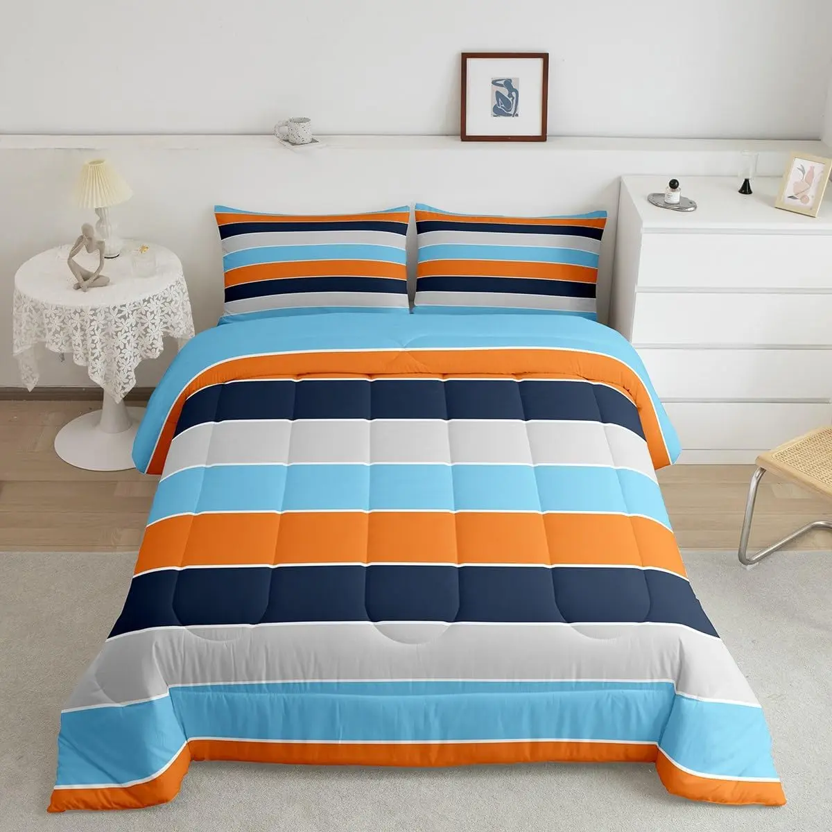 Feelyou Digital Print Breathable Geometric Look Multi-Size Bedding Set - Blue, Orange, Brown Stripe Line Comforter, Duvet, Quilt for Multicolor Room Decor, Bedroom Bedding Set, Beddingsets, Breathable Duvet Set