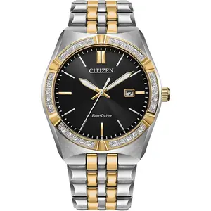 Citizen Corso Diamond Bezel Black Dial Two-Tone Stainless Steel Mens Watch BM7644-51E