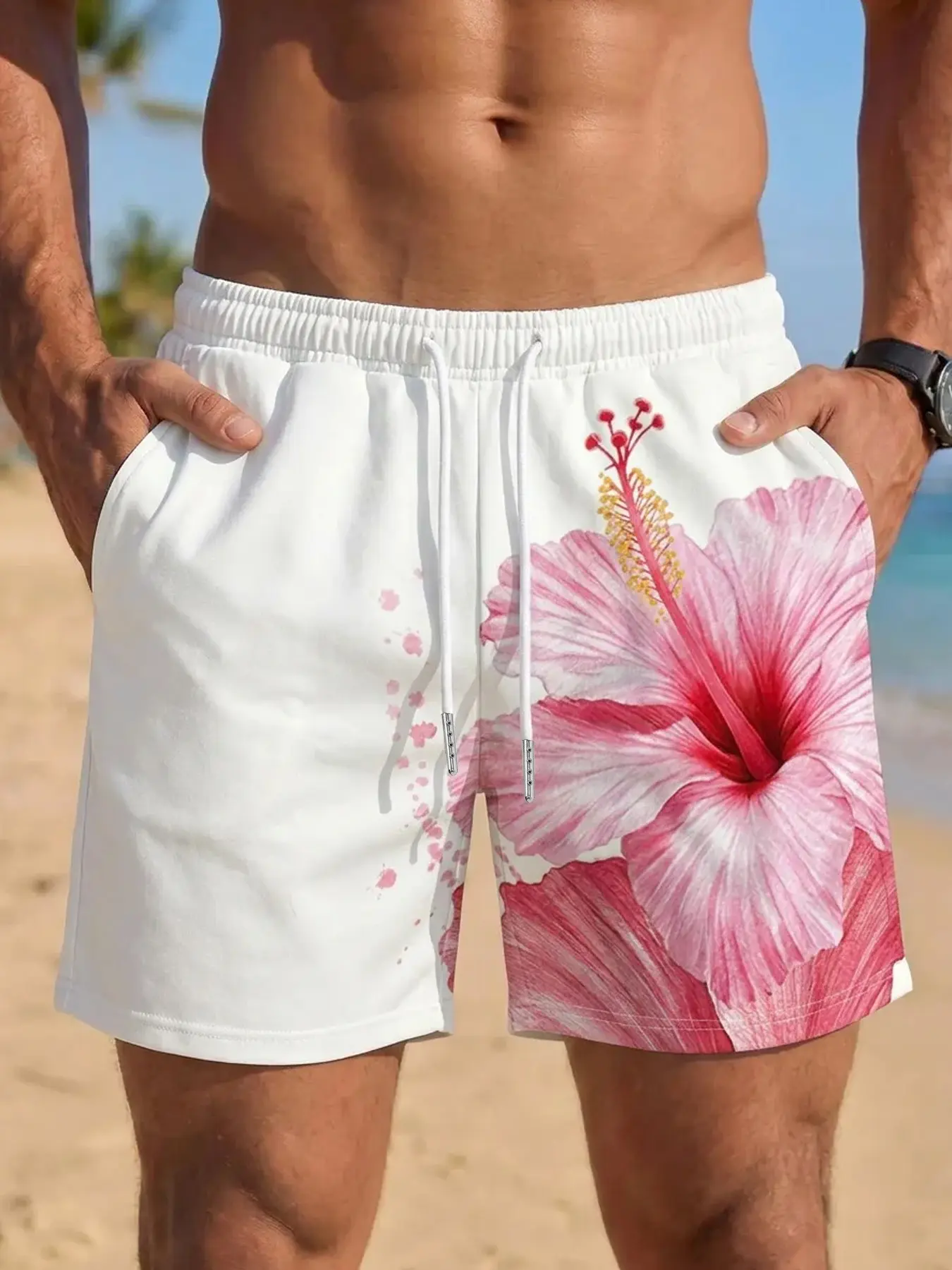Men's Hibiscus Print Breathable Beach Shorts, Slim Muscle Fit Water-Resistant Surf Shorts, Elastic Waist Drawstring Swim Shorts, Swimwear Shorts, Multi-Wear for Summer Beach, Pool, Gym & Daily