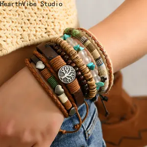 Handmade Bohemian Multilayer Bracelet Set for Men Women Vintage Tree of Life Love Heart Beaded Ethnic Retro Hand Jewelry