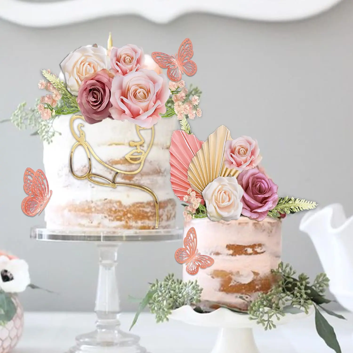 Pack of 26 Flower Boho Cake Toppers Butterfly Cake Décor Acrylic Minimalist Art Lady Face Cake Toppers with Palm Leaves Artificial Vintage Purple Pink Flowers for Women Birthday Wedding Party Supplies