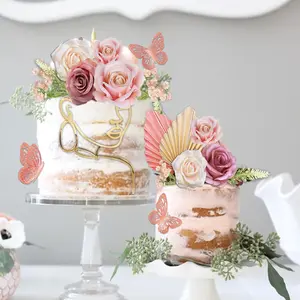 Pack of 26 Flower Boho Cake Toppers Butterfly Cake Décor Acrylic Minimalist Art Lady Face Cake Toppers with Palm Leaves Artificial Vintage Purple Pink Flowers for Women Birthday Wedding Party Supplies