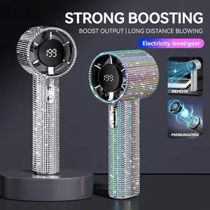 Diamond Fan Luxury Bling Portable Handheld Turbo Fan 3 Gear Wind Rechargeable Long Battery Life Hand Fan With Digital Display For Outdoor Activities Travel Office Strong Boosting Output Long Distance Blowing - Remote