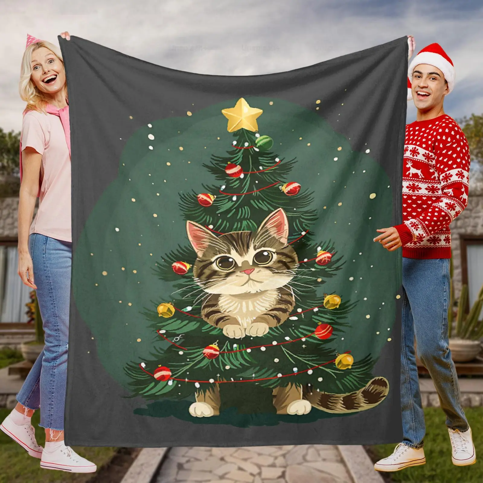 Customized 203cm×152cm (60 x 80) Animal Christmas Decorated Cat Flannel Blanket - Soft, Comfortable, Accepts Custom Image Customization, Ideal for Boys to Bring Laughter