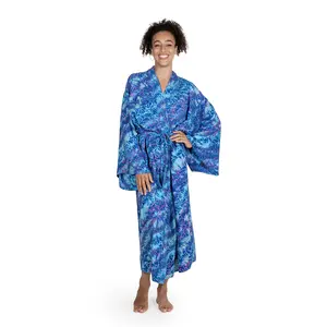 NOVICA Artisan Hand-Painted Long Kimono Patterned Robe with Pockets for Women Lightweight Loungewear from Indonesia ' Ocean Symphony'