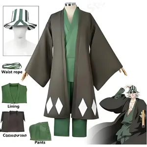 Hot Anime Bleach Cosplay Urahara Kisuke Gotei 13 Costume Kimono Uniform Cape Top Pants Hat Suit For Halloween Carnival Party