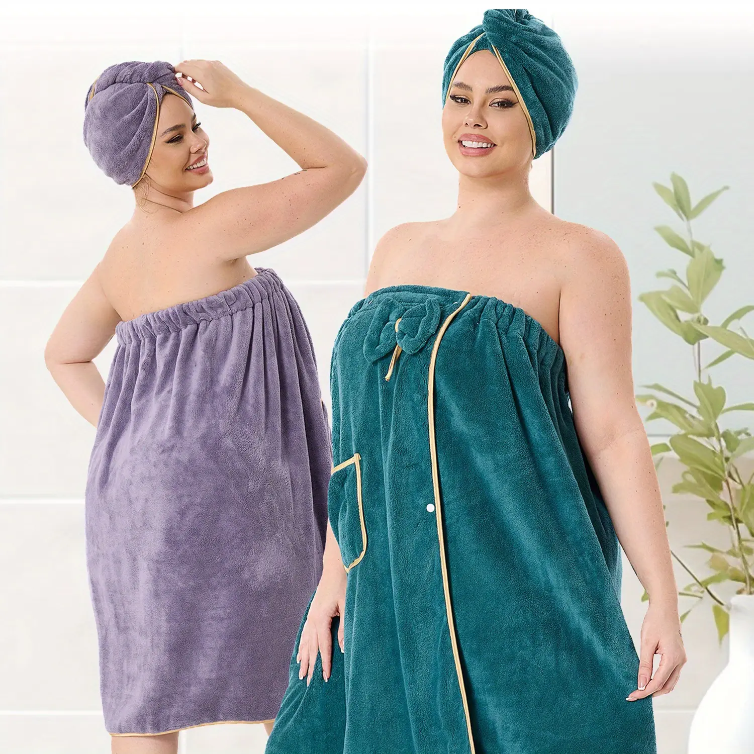 Plus Size Wearable Microfiber Bath Towel Wrap for Women, Adjustable Elastic Spa Towel Dress with Button Closure, Comes with Hair Drying Towel & Wristbands, Soft Quick Dry Shower Wrap for Bath Spa Gym