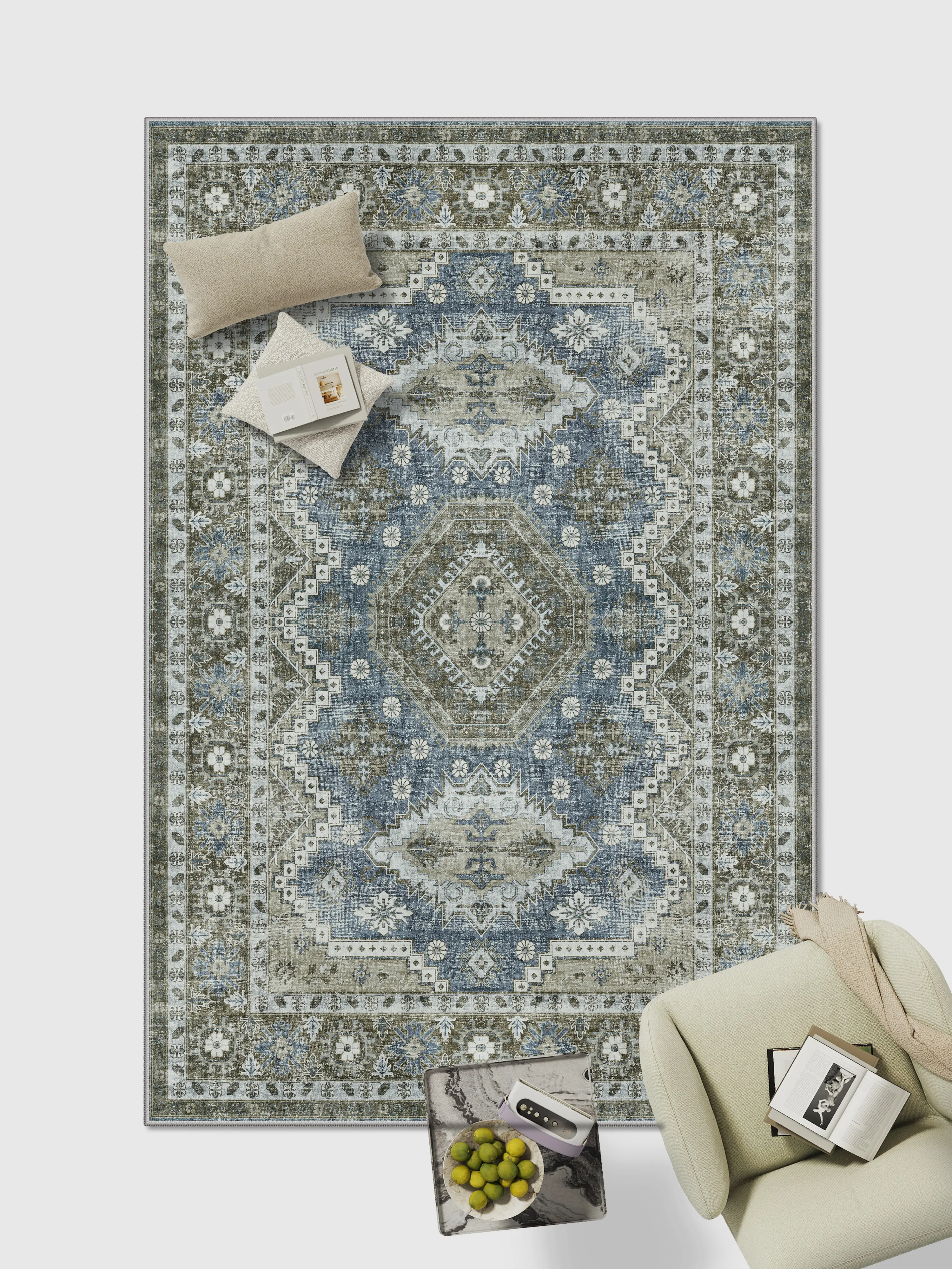 ComiComi 8x10 Area Rugs - Stain Resistant Washable Rug, Anti Slip Backing Rugs for Living Room, Vintage Tribal Area Rugs(TPR07-Green, 8'x10')