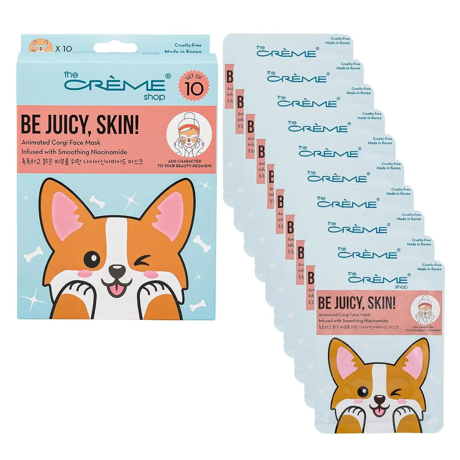 The Creme Shop Be Juicy, Skin! Animated Corgi Face Mask with Niacinamide, K-Beauty Sheet Mask for Brightening and Pore Minimizing, 10 Pack