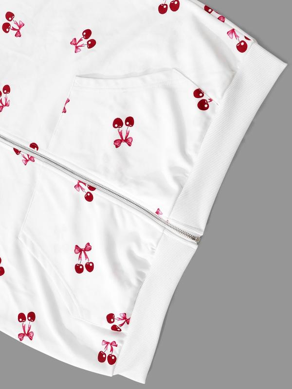 Oversized Cherry Print Zip-Up Hoodies for Women | Soft Fleece Long Sleeve Casual Hooded Sweatshirts | Loose Fit Daily Streetwear | Single Piece | White & Red Cherry Pattern Style | Graphic Hoodies