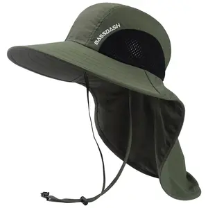 BASSDASH UPF 50+ Unisex Water Resistant Wide Brim Sun Hat with Large Neck Flap Ponytail Fishing Hat for Men Women