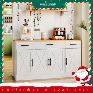 Walsunny Kitchen Buffet Sideboard Cabinet with 4 Doors and 3 Drawers, Entryway Adjustable Storage Shelf, Farmhouse Coffee Bar Cabinet for Kitchen, White